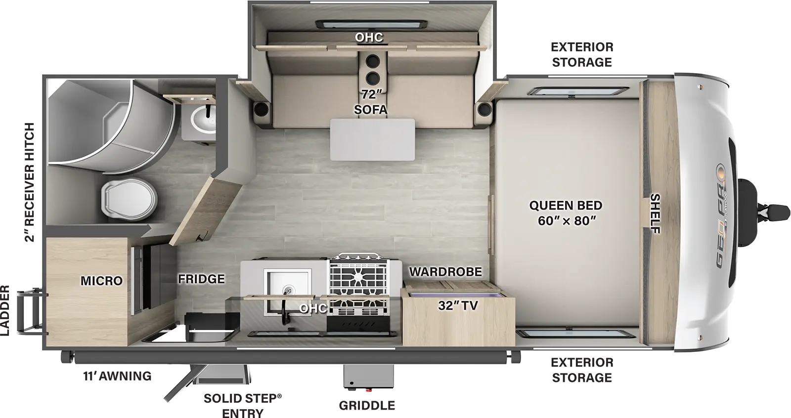 The G19FBS has one slide out and 1 entry. Exterior features storage, rear ladder, 2 inch receiver hitch, griddle, solid step entry, and 11 foot awning. Interior layout front to back: side-facing queen bed with shelf above; off-door side slide out with sofa, table, and overhead cabinet; door side wardrobe with TV, kitchen countertop with cooktop, sink, overhead cabinet, and entry;  rear door side refrigerator and microwave; rear off-door side full bathroom.